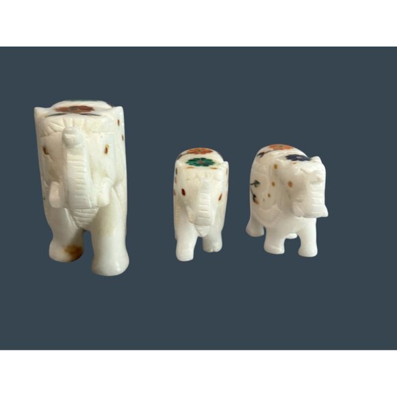 Marble Elephant Figurine Set With Floral Inlay Design - Picture 4 of 9
